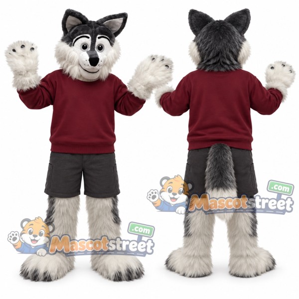Gray and White Wolf Mascot Costume with Burgundy Sweatshirt