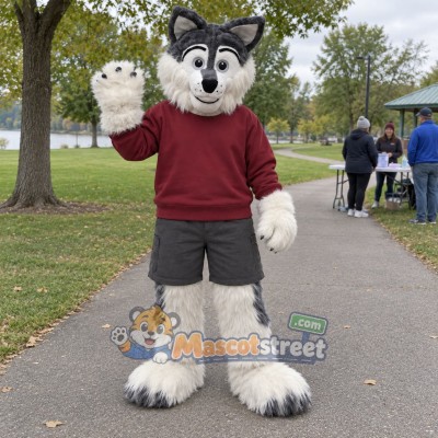 Gray and White Wolf Mascot Costume with Burgundy Sweatshirt Gray and White Wolf Mascot Costume with Burgundy Sweatshirt