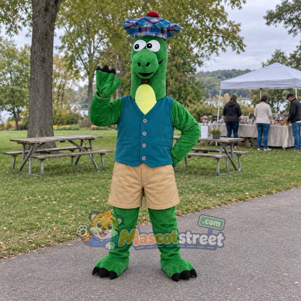 Green Dinosaur Mascot Costume with Teal Vest Green Dinosaur Mascot Costume with Teal Vest