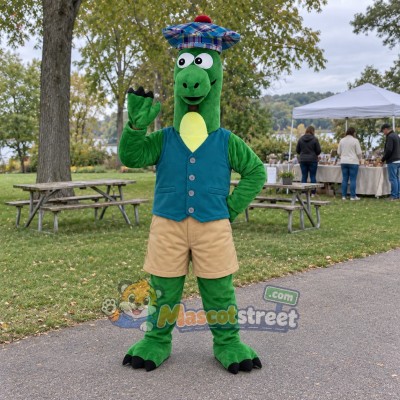 Green Dinosaur Mascot Costume with Teal Vest Green Dinosaur Mascot Costume with Teal Vest