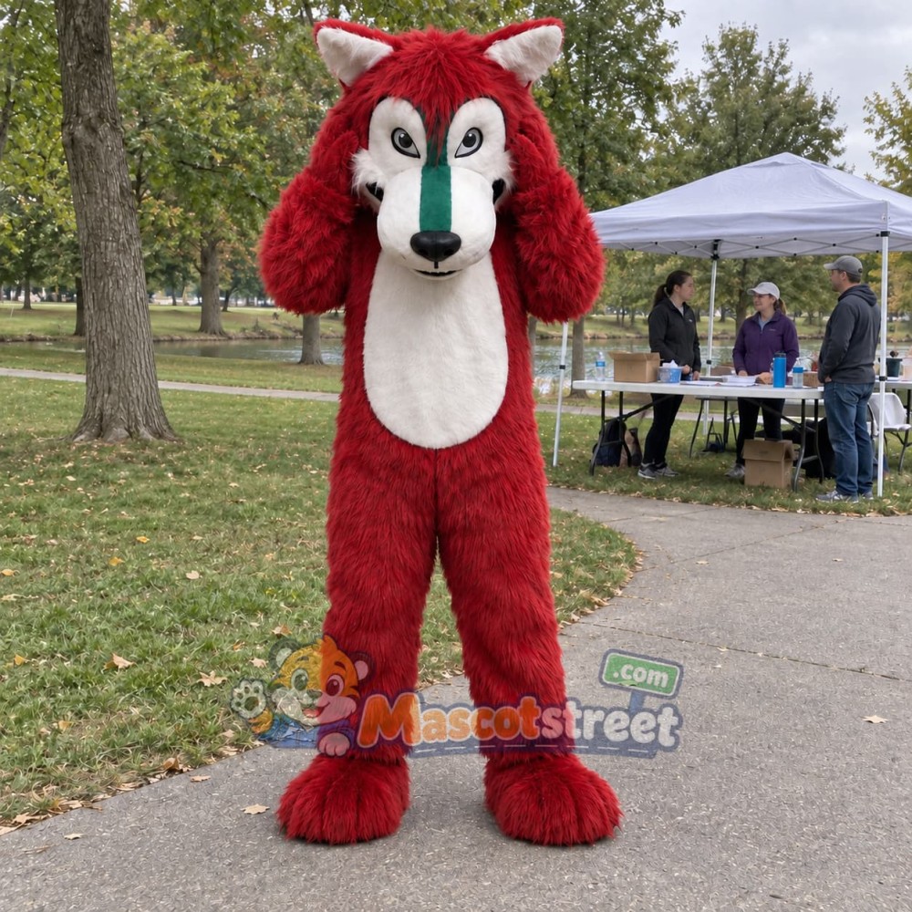 Red and White Wolf Mascot Costume Red and White Wolf Mascot Costume