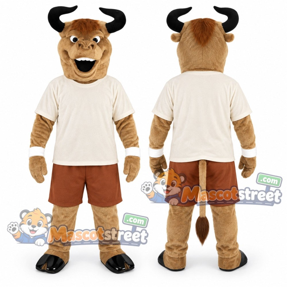 Tan Bull Mascot Costume with Cream Shirt