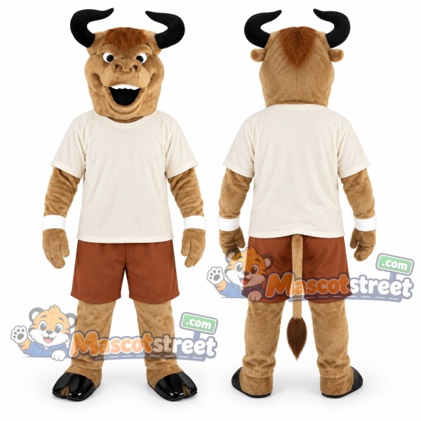 Tan Bull Mascot Costume with Cream Shirt