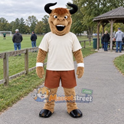 Tan Bull Mascot Costume with Cream Shirt