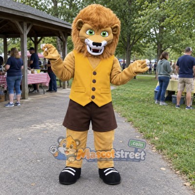 Golden Lion Mascot Costume with Yellow Vest