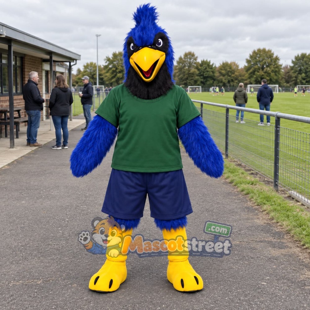 Blue Eagle Mascot Costume with Green Shirt Blue Eagle Mascot Costume with Green Shirt