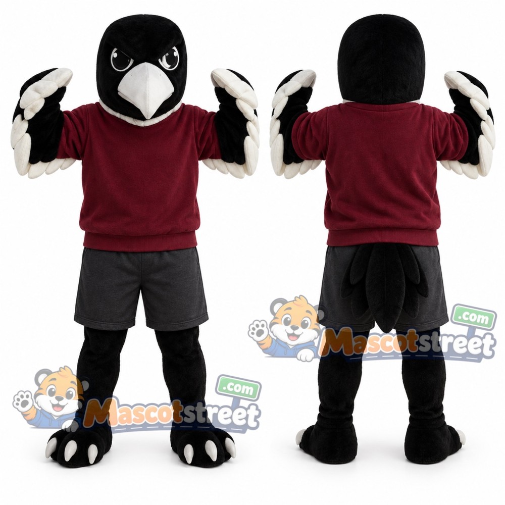 Black and White Hawk Mascot Costume with Burgundy Sweatshirt Black and White Hawk Mascot Costume with Burgundy Sweatshirt