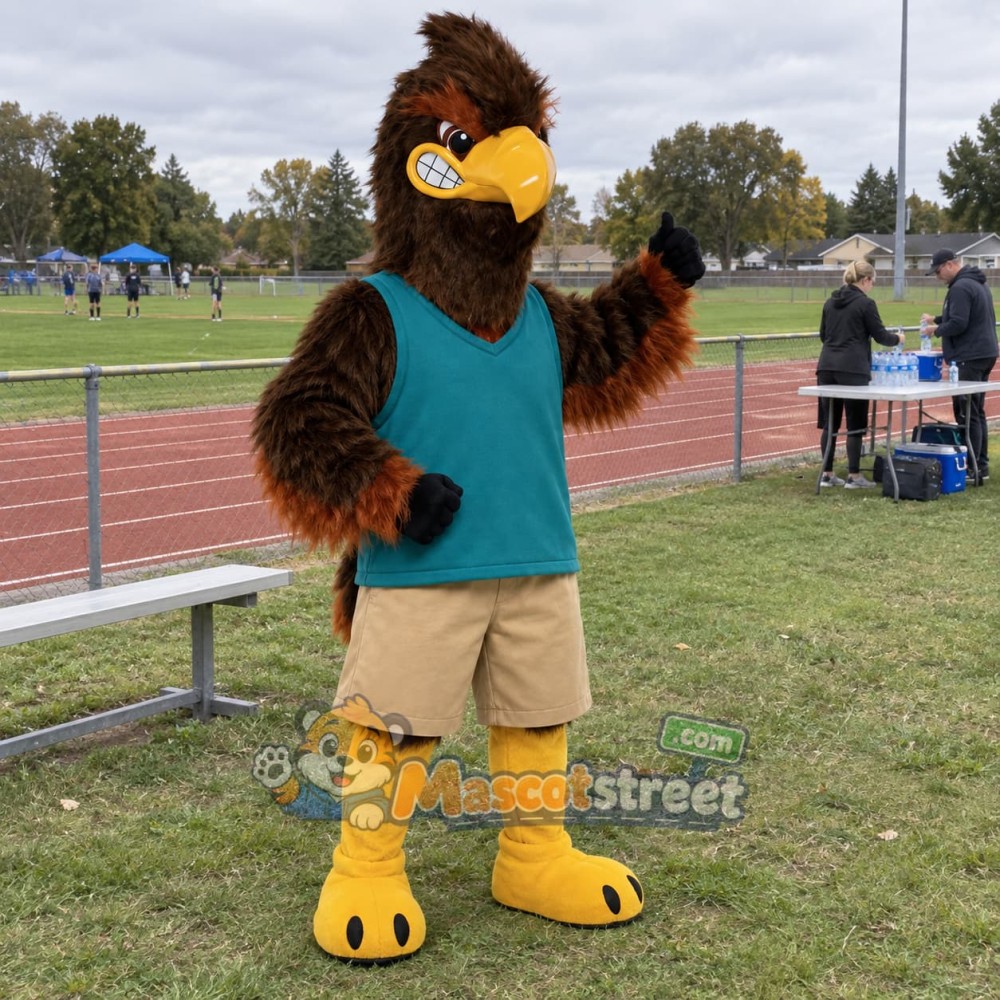 Brown Eagle Mascot Costume with Teal Vest Brown Eagle Mascot Costume with Teal Vest