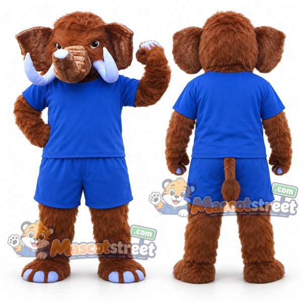 Brown Mammoth Mascot Costume with Blue Shirt