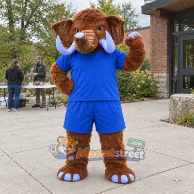 Brown Mammoth Mascot Costume with Blue Shirt