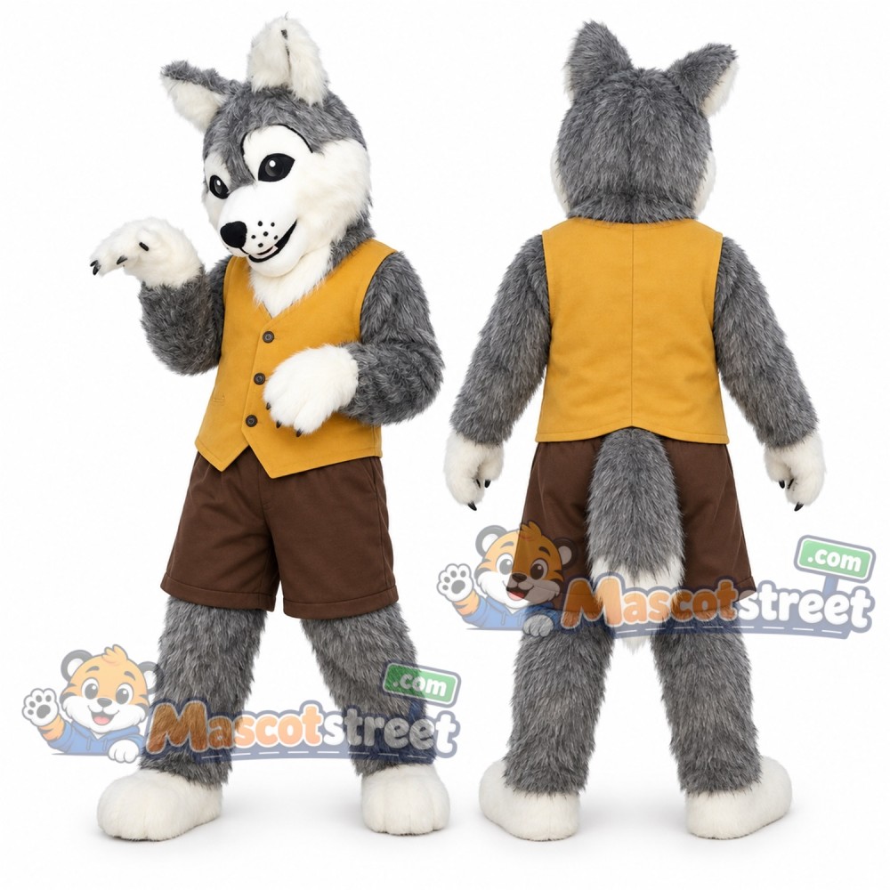 Gray and White Wolf Mascot Costume with Yellow Vest Gray and White Wolf Mascot Costume with Yellow Vest