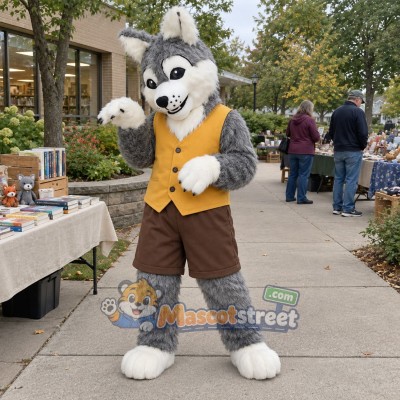Gray and White Wolf Mascot Costume with Yellow Vest Gray and White Wolf Mascot Costume with Yellow Vest