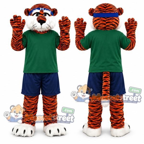 Orange Tiger Mascot Costume with Green Shirt