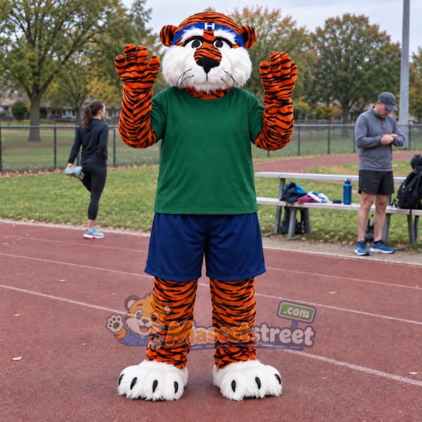 Orange Tiger Mascot Costume with Green Shirt
