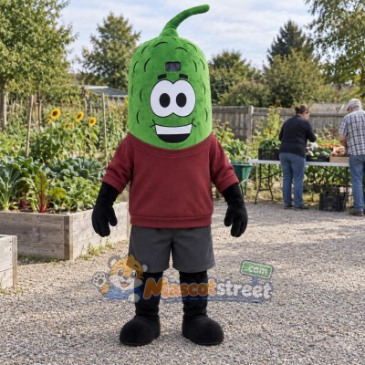 Green Bean Mascot Costume with Burgundy Sweatshirt