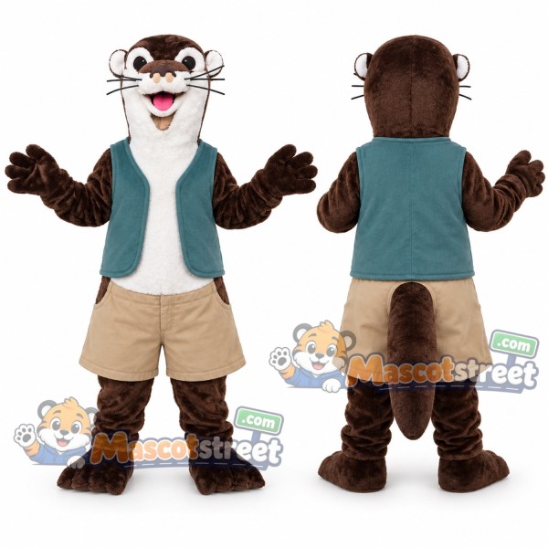 Brown and White Otter Mascot Costume with Teal Vest