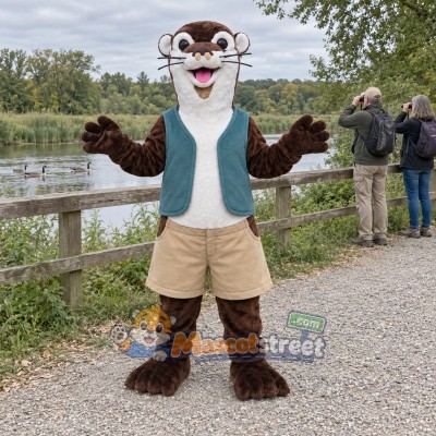 Brown and White Otter Mascot Costume with Teal Vest Brown and White Otter Mascot Costume with Teal Vest