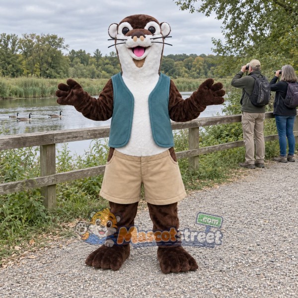 Brown and White Otter Mascot Costume with Teal Vest