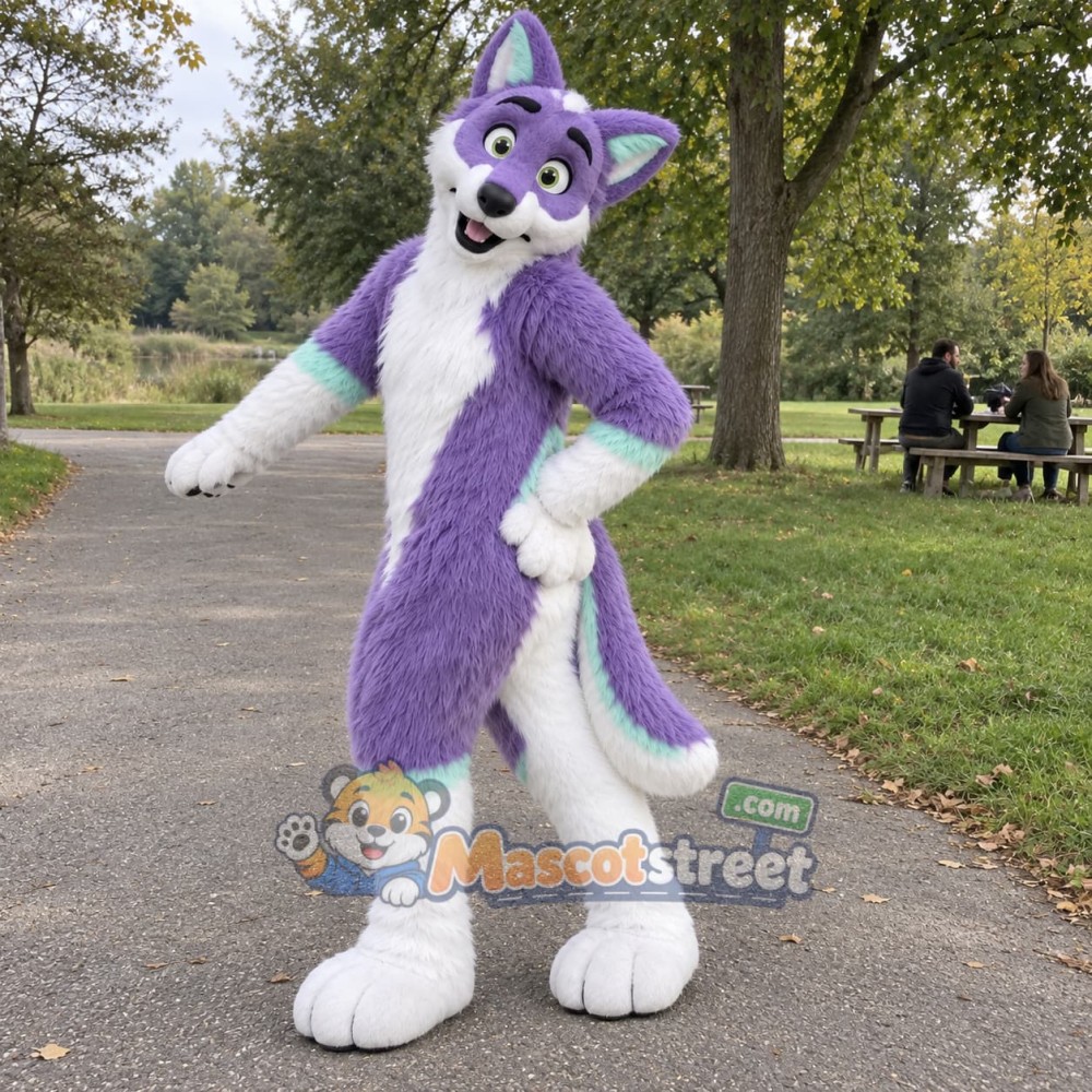 Purple and White Wolf Mascot Costume