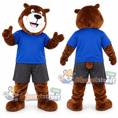 Brown Bear Mascot Costume with Blue Shirt