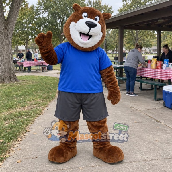 Brown Bear Mascot Costume with Blue Shirt