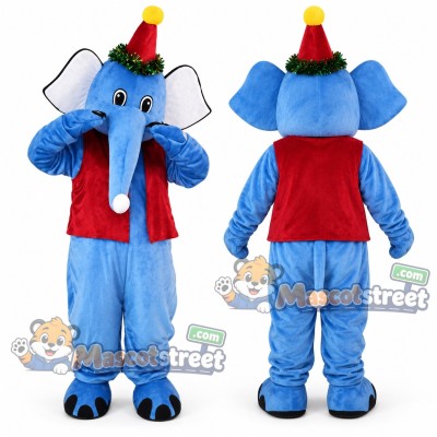 Blue Elephant Mascot Costume with Red Shirt and Party Hat