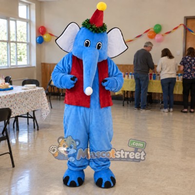 Blue Elephant Mascot Costume with Red Shirt and Party Hat