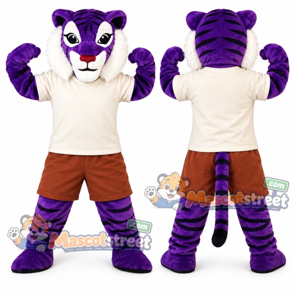 Purple Tiger Mascot Costume with Cream Shirt