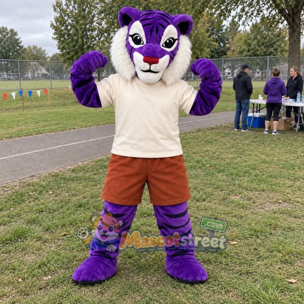 Purple Tiger Mascot Costume with Cream Shirt