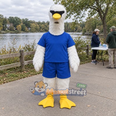 White Goose Mascot Costume with Blue Shirt White Goose Mascot Costume with Blue Shirt
