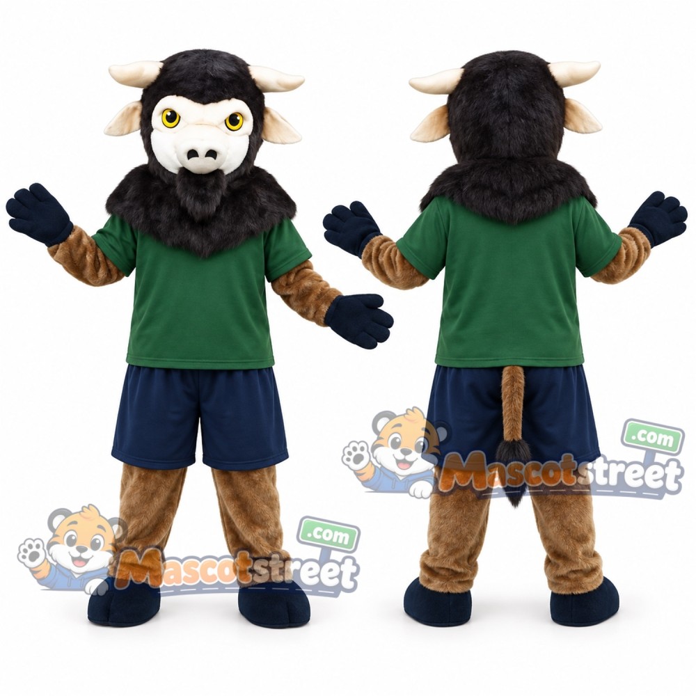 Black and Brown Bull Mascot Costume with Green Shirt