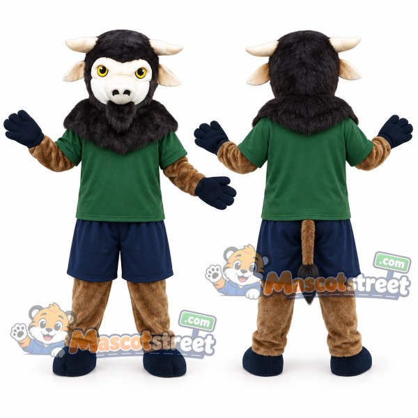 Black and Brown Bull Mascot Costume with Green Shirt