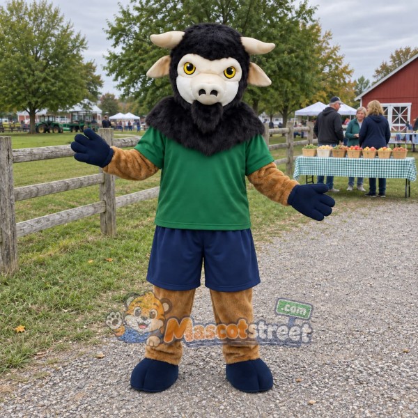 Black and Brown Bull Mascot Costume with Green Shirt