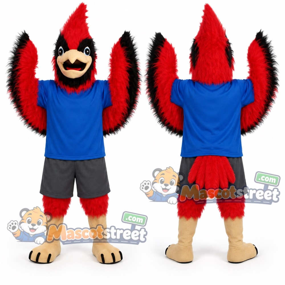 Red Cardinal Bird Mascot Costume with Blue Shirt