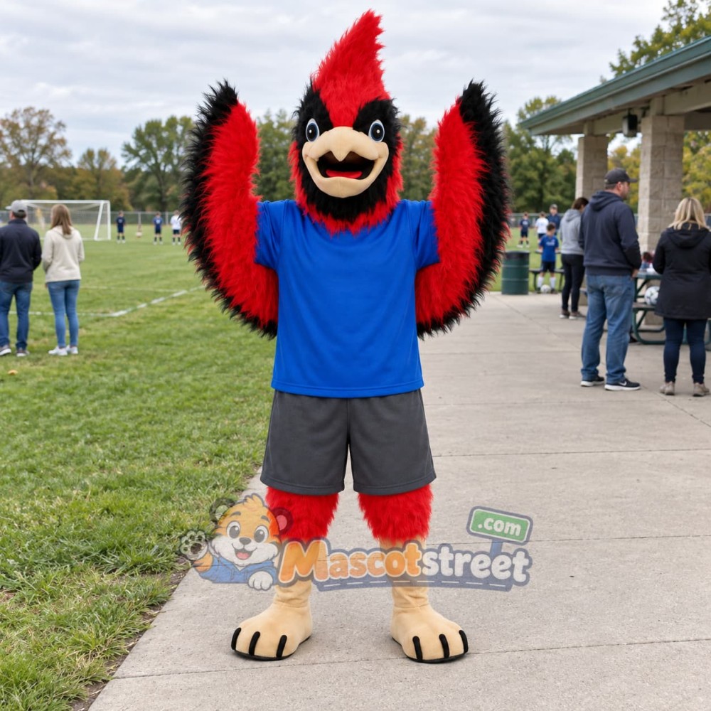 Red Cardinal Bird Mascot Costume with Blue Shirt