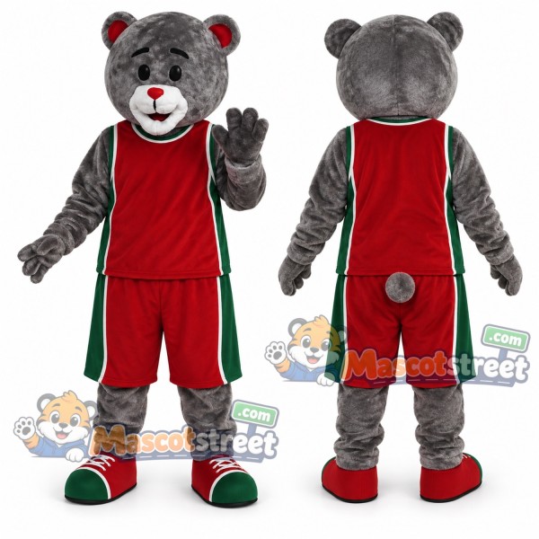 Gray Bear Mascot Costume with Red Sports Uniform