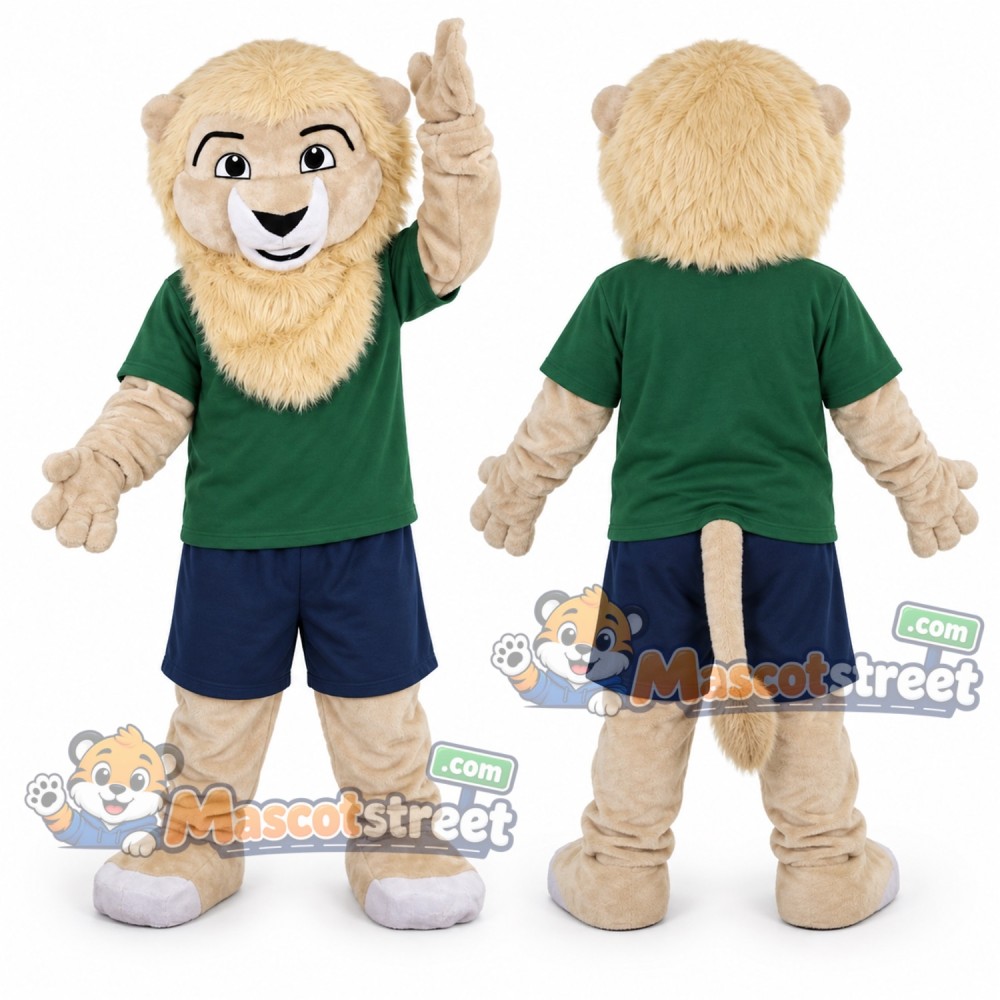 Beige Lion Mascot Costume with Green Shirt Beige Lion Mascot Costume with Green Shirt