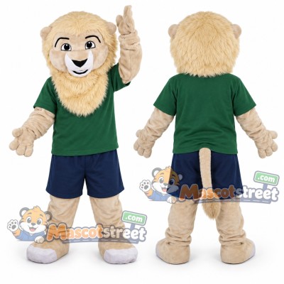 Beige Lion Mascot Costume with Green Shirt Beige Lion Mascot Costume with Green Shirt