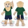 Beige Lion Mascot Costume with Green Shirt