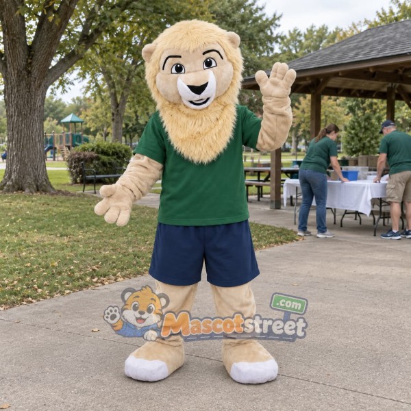 Beige Lion Mascot Costume with Green Shirt