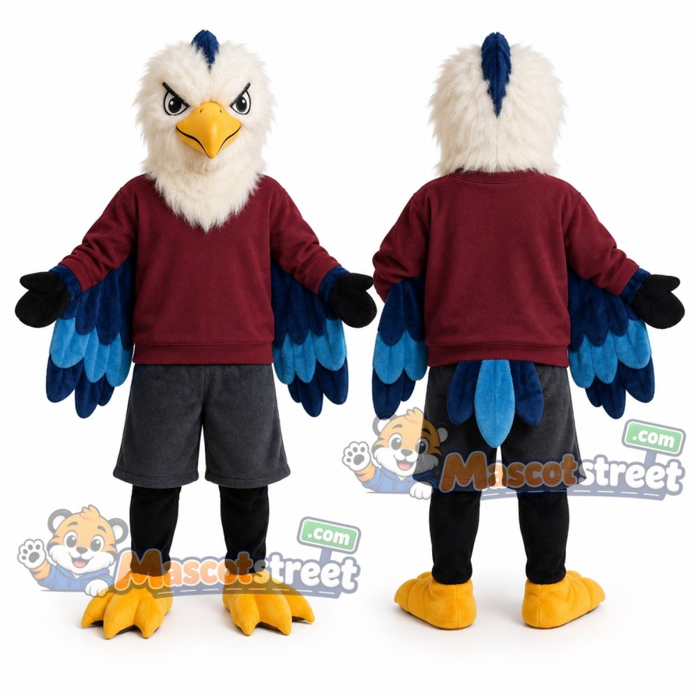 Blue and White Eagle Mascot Costume with Burgundy Sweatshirt Blue and White Eagle Mascot Costume with Burgundy Sweatshirt