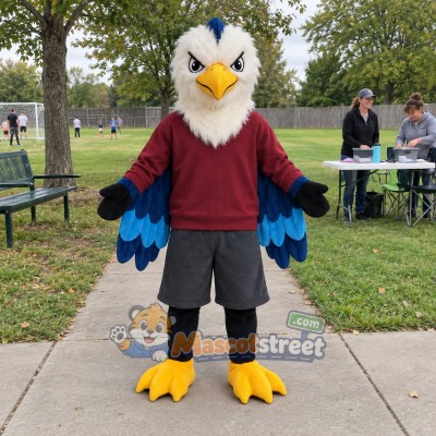 Blue and White Eagle Mascot Costume with Burgundy Sweatshirt Blue and White Eagle Mascot Costume with Burgundy Sweatshirt