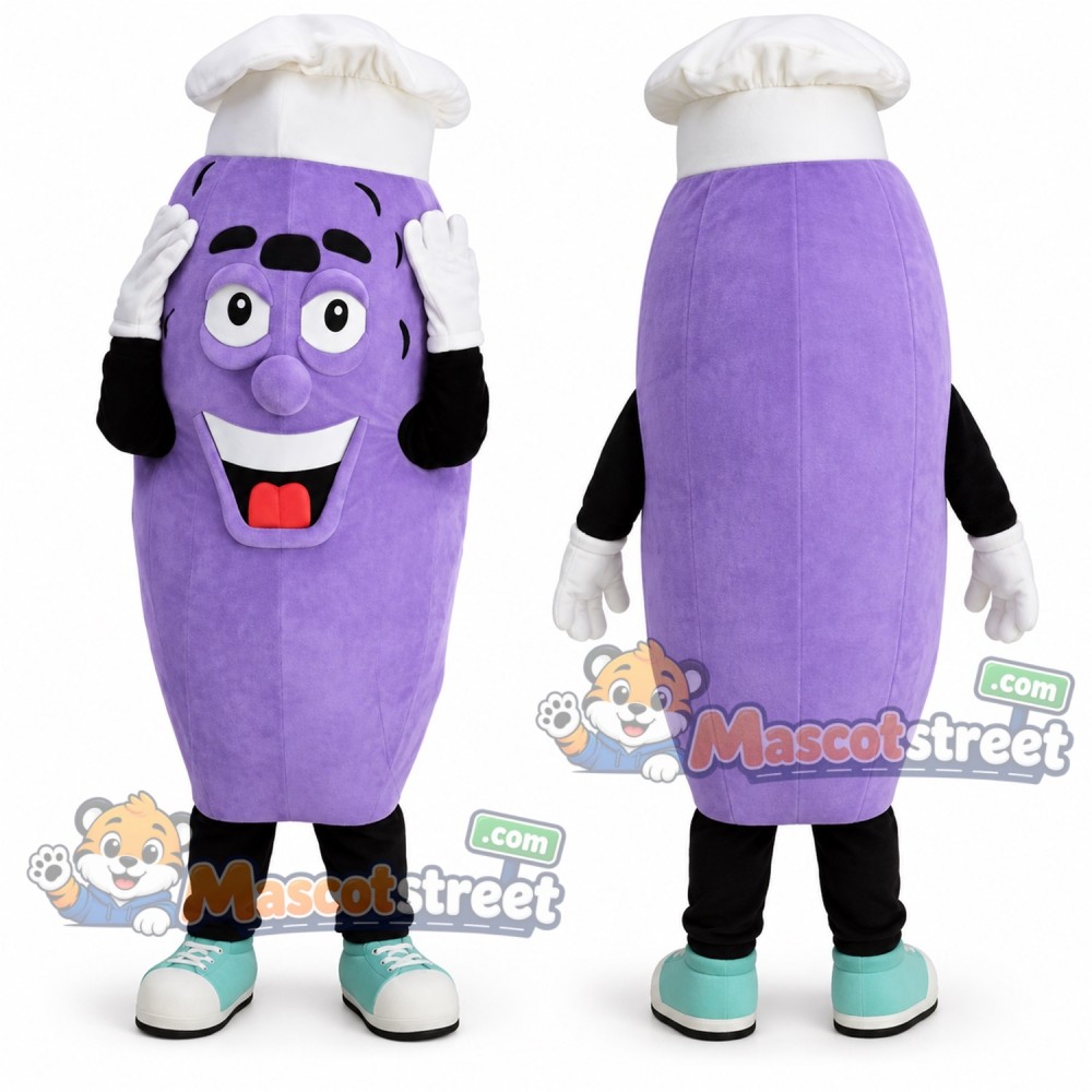 Purple Eggplant Chef Mascot Costume with Chef Hat Purple Eggplant Chef Mascot Costume with Chef Hat