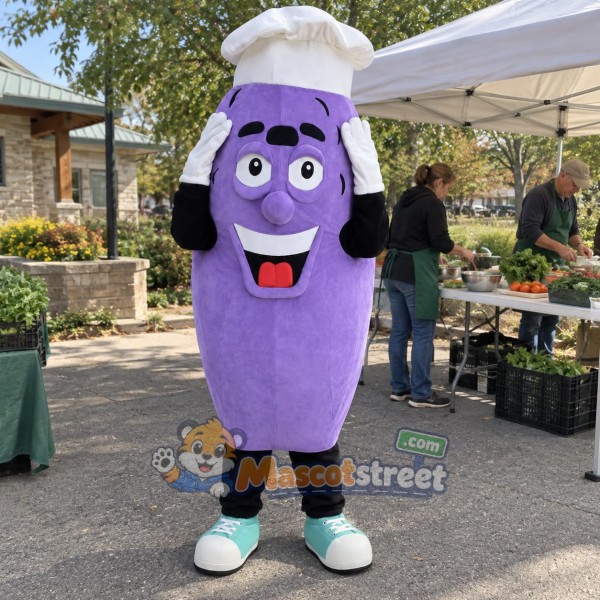 Purple Eggplant Chef Mascot Costume with Chef Hat