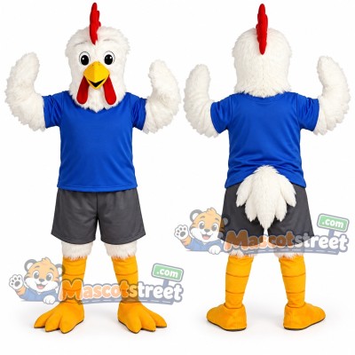 White Rooster Mascot Costume with Blue Shirt