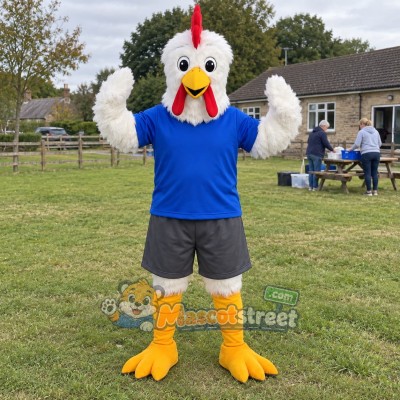 White Rooster Mascot Costume with Blue Shirt