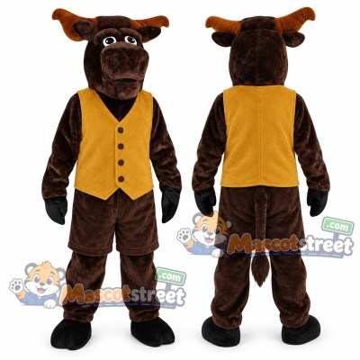Brown Bull Mascot Costume with Yellow Vest