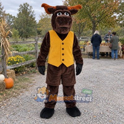 Brown Bull Mascot Costume with Yellow Vest