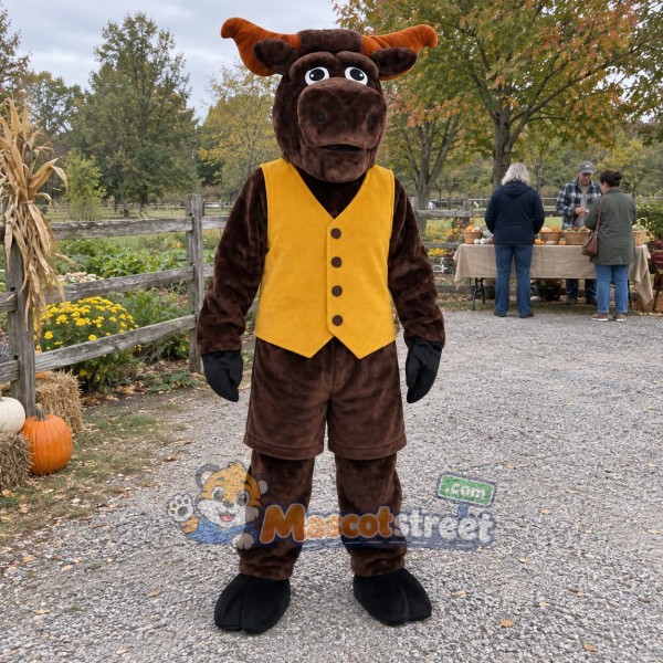 Brown Bull Mascot Costume with Yellow Vest