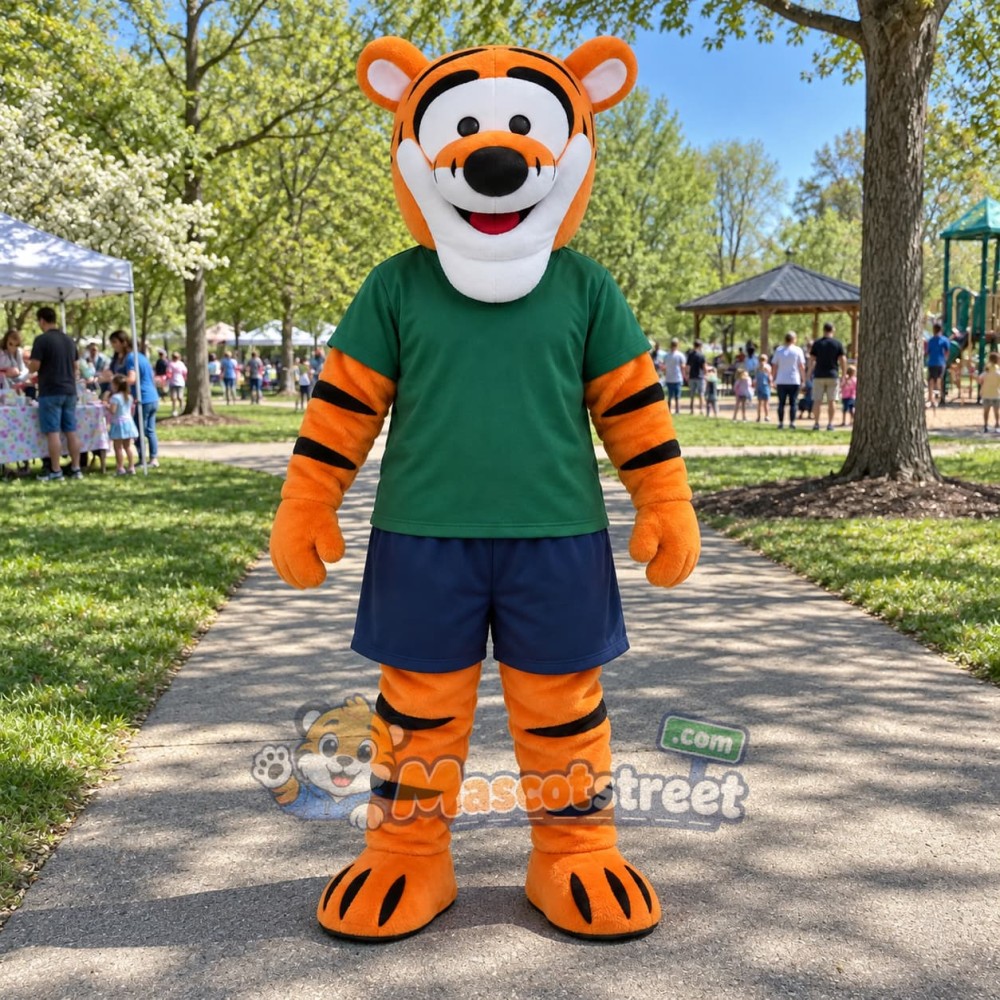 Orange Tiger Mascot Costume with Green Shirt Orange Tiger Mascot Costume with Green Shirt